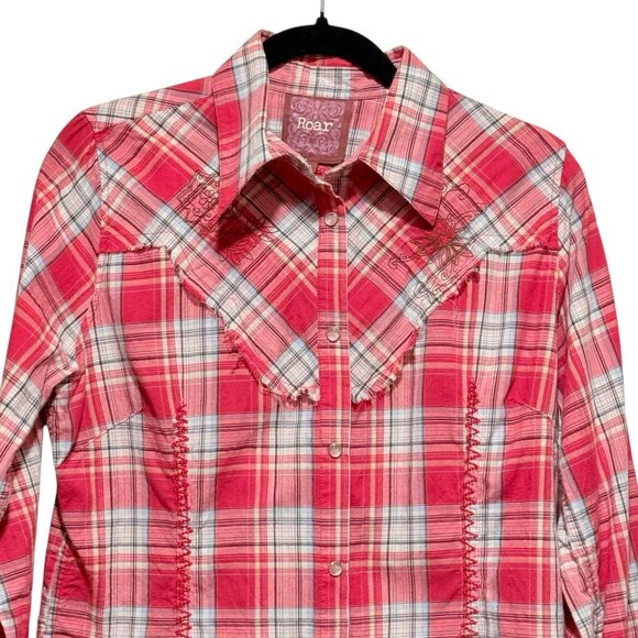 Roar Pearl Snap Embroidered Pink Plaid Long Sleeve Rockabilly Womens Shirt Sz XL - Picture 3 of 10